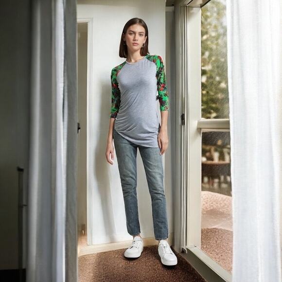 LuLaRoe Womens Top Size XXS Randy Baseball Tee Gray Green Orange Purple Paisley - Picture 1 of 6